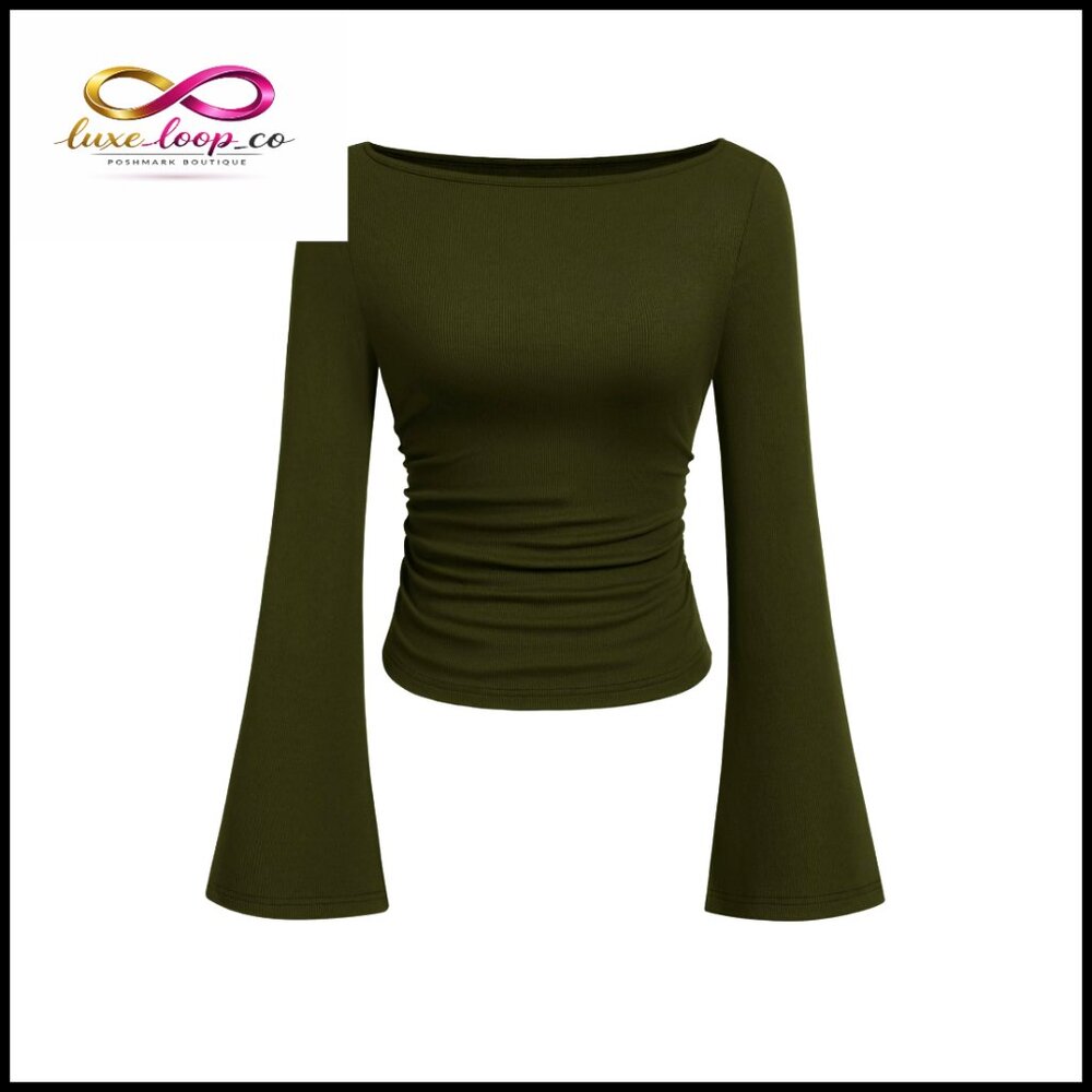 Long Sleeve Crop Top Ribbed Knit Bell Sleeve Y2k Chic Slim Fit Boat Neck